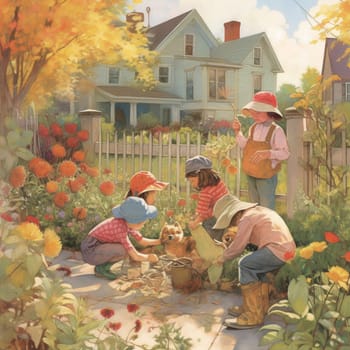 This image captures the joy and wonder of children tending to a garden in the heart of the city. The garden is filled with bright colors and playful touches, such as whimsical scarecrows and colorful pinwheels. The image conveys the sense of discovery and exploration that comes from getting one's hands dirty and watching something grow from a tiny seed. It also showcases the importance of instilling a love of nature and gardening in children, even in the heart of the city.