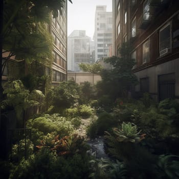 This image captures the striking contrast between the natural beauty of a lush, verdant garden filled with exotic plants and tropical flowers and the urban environment that surrounds it. The garden is nestled in the heart of the city, surrounded by towering skyscrapers. The image conveys the sense of being transported to another world, as if you've stumbled upon a secret garden hidden away in the midst of a bustling metropolis.