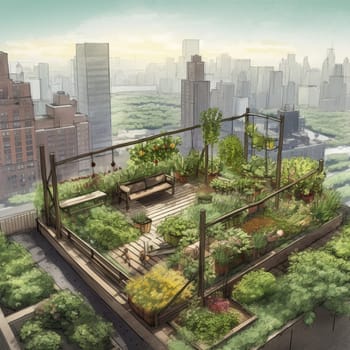 This image captures the beauty of a rooftop garden high above the city streets, with panoramic views of the skyline stretching out in every direction. The garden is filled with raised beds overflowing with fresh vegetables, and there are cozy seating areas where people can relax and take in the view. The image conveys the sense of escape and tranquility that comes from being above the hustle and bustle of the city, surrounded by nature and breathtaking views.