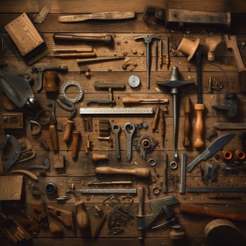 Explore the world of woodworking with this image showcasing a variety of tools and materials, including saws, chisels, hammers, measuring tapes, wood shavings, and different types of wood.