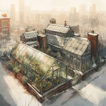 Experience the potential for urban farming to provide fresh produce even in the dead of winter with this image of a greenhouse in the middle of a snowy city. The greenhouse is filled with green plants and thriving crops like tomatoes and peppers, showcasing the resilience and ingenuity of urban farmers. The image inspires hope and a sense of possibility, even in the coldest and darkest of seasons.