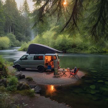 Relax and unwind with this image of a camper van parked on the edge of a tranquil river, with a lush green forest visible in the background. The van's exterior is covered in kayaks and paddles, suggesting a day spent exploring the nearby waterways. The van is the perfect basecamp for your outdoor adventure, with a comfortable bed and a fully-equipped kitchen. A small fire pit and a set of camping chairs are set up outside the van, offering a cozy spot to relax in the evening and listen to the sounds of nature. Whether you're an experienced kayaker or a first-timer, this is the perfect location for a peaceful and rejuvenating getaway.