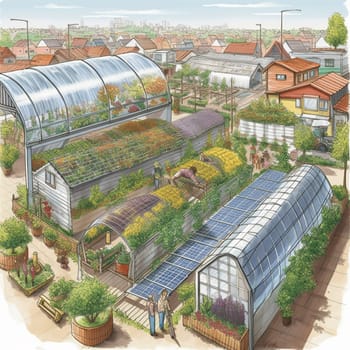 This image depicts an urban farm that is entirely powered by renewable energy sources like solar panels or wind turbines. The image captures the importance of sustainability and reducing our impact on the environment, highlighting the potential for urban farming to be a leader in sustainable living. The farm is filled with fresh produce and vibrant plants, showcasing the beauty and functionality of urban farming practices.