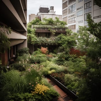 This image captures the resilience and adaptability of urban gardening, showing a garden growing in the shadows of a tall building or other urban structure. The garden is filled with hardy plants that can thrive in low light conditions, and the image conveys the sense of determination and ingenuity that comes from finding ways to grow plants in challenging urban environments.