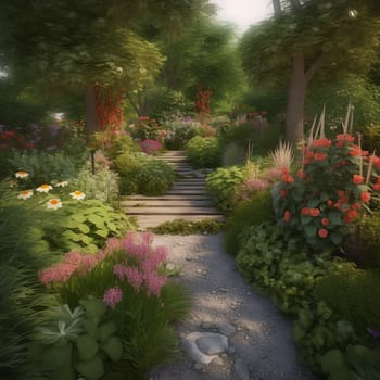 Step into a world of tranquility and beauty with this serene, tranquil garden featuring beautiful flowers and foliage. The garden is well-tended and vibrant, with a sense of peace and calm. Pathways, seating areas, or other features invite the viewer to linger and explore, discovering new wonders with every step.