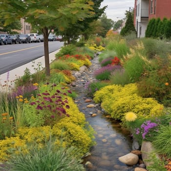 This image depicts a rain garden or bioswale designed to capture and treat stormwater runoff. It encourages the use of these green infrastructure practices to conserve water and protect water quality. Stormwater runoff is a major source of water pollution, and green infrastructure practices such as rain gardens and bioswales can help to reduce the impact of runoff on water quality. These practices use plants and soil to capture and treat stormwater, reducing the amount of runoff that enters waterways and promoting groundwater recharge. By promoting the use of rain gardens and bioswales, this image encourages viewers to take action to conserve water and protect water quality. This image represents the potential for green infrastructure to create positive change and promote environmental stewardship.