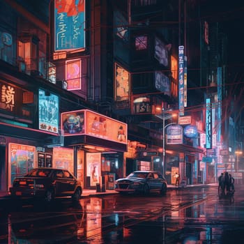 This image depicts a city street at night, with neon signs and billboards glowing brightly. The signs are rendered in bold, bright colors, creating a sense of energy and movement.