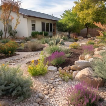 This image depicts a xeriscape garden or landscape that uses minimal water. It encourages homeowners and businesses to adopt xeriscaping practices to conserve water and create beautiful, low-maintenance landscapes. Xeriscaping is a landscaping approach that involves using drought-tolerant plants, efficient irrigation systems, and other water-wise strategies to reduce water use and maintenance requirements. This approach can significantly reduce water consumption and promote sustainability, while also creating beautiful and functional outdoor spaces. This image represents the potential for xeriscaping to create positive change and promote environmental stewardship in both residential and commercial settings.