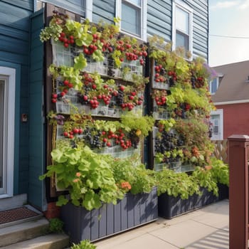 Experience the beauty and functionality of urban gardening with this vertical fruit garden growing up the side of a building. This garden is filled with juicy fruits like strawberries, raspberries, and blueberries, providing not only a visual spectacle but also delicious and nutritious produce.