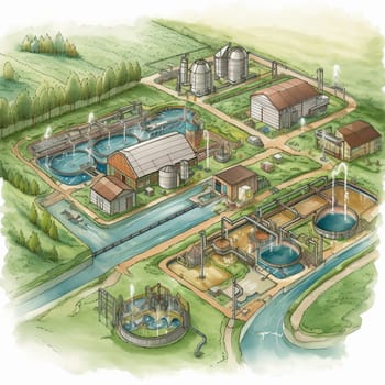 This image depicts a wastewater treatment plant or graywater reuse system. It promotes the use of these technologies to recycle and reuse water for non-potable purposes. Water reuse is a critical strategy for conserving water resources and promoting sustainability, and it can significantly reduce water consumption and wastewater discharge. Wastewater treatment plants and graywater reuse systems use advanced technologies to purify and treat wastewater, making it safe for irrigation, industrial processes, and other non-potable uses. By promoting the use of these technologies, this image encourages viewers to take action to reduce their water use and protect the planet's water resources. This image represents the potential for water reuse to create positive change and promote environmental stewardship in both residential and commercial settings.