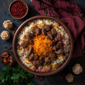 Indulge in the flavors and aromas of Tajikistan's signature rice pilaf, Osh, with this colorful and fragrant bowl of tender pieces of lamb or beef and a variety of spices. The image is captured from a top-down perspective, showcasing the vivid colors of the ingredients, such as carrots, raisins, and chickpeas, and their unique blend of spices, such as cumin, coriander, and turmeric. The bowl of Osh is placed on a brightly patterned tablecloth, evoking a festive and communal dining experience. Smaller bowls of yogurt, pickles, and fresh herbs are arranged around the main dish, adding more visual interest and showcasing the unique flavors of Tajikistan cuisine. The emotions evoked by this image are warmth, joy, and togetherness.