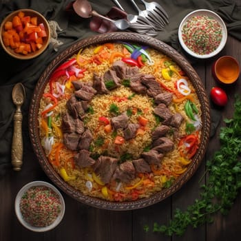 A colorful and fragrant dish of Uzbekistan's signature rice pilaf, Plov, featuring a variety of spices, tender pieces of lamb or beef, and vegetables. The dish is traditionally served on a Uzbekistani plate with smaller bowls containing herbs, spices, and condiments commonly used in Uzbekistani cuisine. The image is captured from a top-down perspective, highlighting the textures and colors of the ingredients, with natural, indirect daylight providing soft lighting and creating a warm and inviting atmosphere.