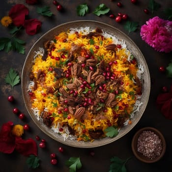 Indulge in the flavors and aromas of Tajikistan's signature rice pilaf, Osh, with this colorful and fragrant bowl of tender pieces of lamb or beef and a variety of spices. The image is captured from a top-down perspective, showcasing the vivid colors of the ingredients, such as carrots, raisins, and chickpeas, and their unique blend of spices, such as cumin, coriander, and turmeric. The bowl of Osh is placed on a brightly patterned tablecloth, evoking a festive and communal dining experience. Smaller bowls of yogurt, pickles, and fresh herbs are arranged around the main dish, adding more visual interest and showcasing the unique flavors of Tajikistan cuisine. The emotions evoked by this image are warmth, joy, and togetherness.