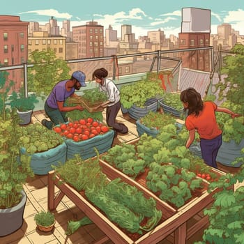This image captures the sense of community and connection that can come from urban farming, as well as the satisfaction of growing your own food in the heart of the city. A group of urban farmers is shown climbing up to the rooftop of a high-rise building to tend to their rooftop garden. The garden is a verdant oasis filled with fresh produce, from juicy tomatoes to crisp lettuces. The farmers are busy harvesting the vegetables and filling baskets with their bounty, smiling and chatting as they work. The skyline of the city provides a stunning backdrop to the lush greenery of the rooftop garden.