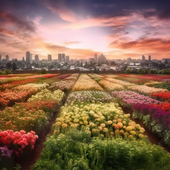 This image captures the beauty and vitality of urban gardening, showing a flower farm growing in the heart of the city, with rows of colorful flowers stretching out as far as the eye can see. The farm is a testament to the power of urban gardening to bring beauty and joy to people in even the most unlikely places, and the image conveys the sense of abundance and vitality that comes from growing plants in an urban environment.