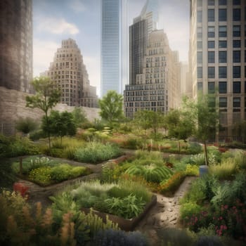 This image captures the beauty and resilience of a garden growing in the midst of a bustling cityscape, surrounded by concrete and skyscrapers. The garden is a testament to the power of urban gardening, showing how nature can thrive even in the most unlikely places. The image conveys the sense of hope and possibility that comes from seeing something beautiful and unexpected growing in the heart of the city.