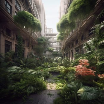 This image captures the striking contrast between the natural beauty of a lush, verdant garden filled with exotic plants and tropical flowers and the urban environment that surrounds it. The garden is nestled in the heart of the city, surrounded by towering skyscrapers. The image conveys the sense of being transported to another world, as if you've stumbled upon a secret garden hidden away in the midst of a bustling metropolis.