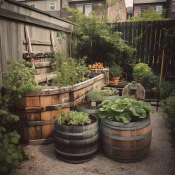Experience the creativity and resourcefulness of urban gardening with this image of a garden filled with repurposed materials like old pallets, wine barrels, and discarded furniture. The DIY aesthetic of this garden showcases the potential for beauty to emerge from unexpected places and inspires a sense of ingenuity and self-sufficiency.