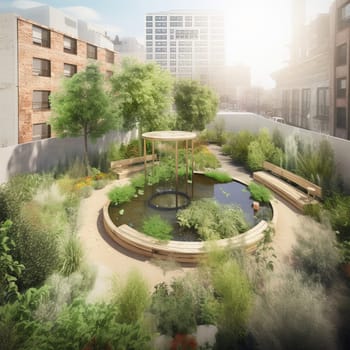 Experience the potential for health and wellness in the midst of the city with this image of an urban farm featuring a dedicated space for meditation or yoga. Surrounded by lush plants and a calming water feature, this space provides a peaceful retreat for urban dwellers to connect with nature and cultivate inner peace.