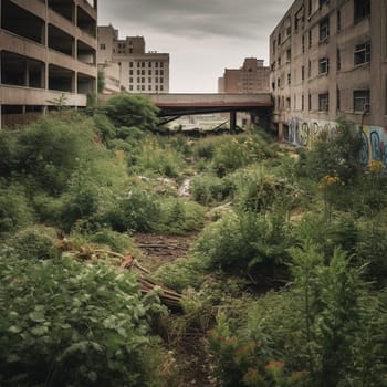 This image captures the resilience and perseverance of urban gardening. It shows a garden growing in the midst of a partially destroyed urban area, filled with plants that thrive in harsh conditions. The image conveys a sense of hope and determination in the face of adversity, highlighting the power of nature to heal and rejuvenate even in the most challenging of environments.
