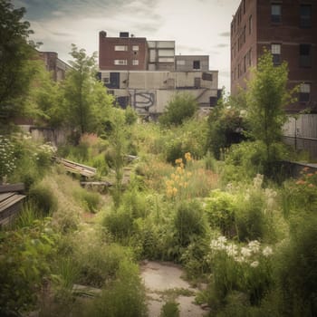 This image captures the resilience and perseverance of urban gardening. It shows a garden growing in the midst of a partially destroyed urban area, filled with plants that thrive in harsh conditions. The image conveys a sense of hope and determination in the face of adversity, highlighting the power of nature to heal and rejuvenate even in the most challenging of environments.
