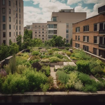 This image captures the beauty and functionality of urban gardening practices. It shows a garden growing on the rooftop of a city building, filled with fragrant herbs like sage, mint, and lavender. The image conveys a sense of natural beauty and serenity amidst the hustle and bustle of the city, highlighting the benefits of incorporating green spaces into urban environments.