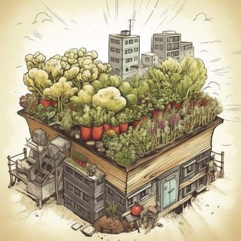 This image captures the creativity and innovation of urban farming practices, showing a rooftop farm growing not just traditional crops, but also unconventional ones like mushrooms or edible flowers. The farm is a testament to the power of imagination and resourcefulness in finding new ways to grow plants in urban environments, and the image conveys the sense of excitement and wonder that comes from discovering unique and unexpected crops in unexpected places.