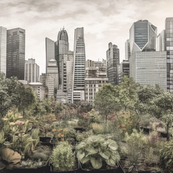 This image captures the beauty and resilience of a garden growing in the midst of a bustling cityscape, surrounded by concrete and skyscrapers. The garden is a testament to the power of urban gardening, showing how nature can thrive even in the most unlikely places. The image conveys the sense of hope and possibility that comes from seeing something beautiful and unexpected growing in the heart of the city.