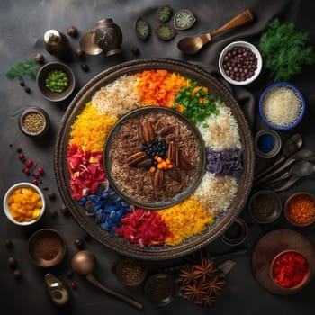 A colorful and fragrant dish of Uzbekistan's signature rice pilaf, Plov, featuring a variety of spices, tender pieces of lamb or beef, and vegetables. The dish is traditionally served on a Uzbekistani plate with smaller bowls containing herbs, spices, and condiments commonly used in Uzbekistani cuisine. The image is captured from a top-down perspective, highlighting the textures and colors of the ingredients, with natural, indirect daylight providing soft lighting and creating a warm and inviting atmosphere.