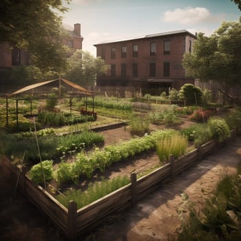 This image captures the transformative power of urban farming practices, showing a garden growing in a space that has been reclaimed from a polluted or contaminated area, like an old landfill or industrial site. The image conveys the sense of hope and possibility that comes from transforming a once-toxic space into a thriving garden, and highlights the potential for urban farming practices to help heal and revitalize urban environments.