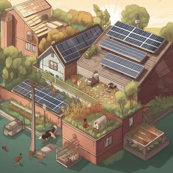 This image depicts an urban farm that is entirely powered by renewable energy sources like solar panels or wind turbines. The image captures the importance of sustainability and reducing our impact on the environment, highlighting the potential for urban farming to be a leader in sustainable living. The farm is filled with fresh produce and vibrant plants, showcasing the beauty and functionality of urban farming practices.
