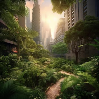 This image captures the striking contrast between the natural beauty of a lush, verdant garden filled with exotic plants and tropical flowers and the urban environment that surrounds it. The garden is nestled in the heart of the city, surrounded by towering skyscrapers. The image conveys the sense of being transported to another world, as if you've stumbled upon a secret garden hidden away in the midst of a bustling metropolis.