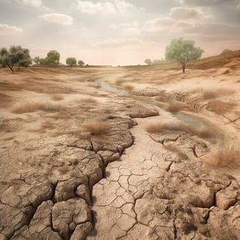 This image depicts a dry riverbed or lake to illustrate the impact of water scarcity on the environment and local communities. It raises awareness about the urgent need to conserve water resources. Water scarcity is a global issue that affects billions of people, and it can have devastating impacts on ecosystems, agriculture, and human health. By depicting the stark reality of water scarcity, this image encourages viewers to take action to reduce their water use and promote sustainability. This image represents the potential for awareness-raising to create positive change and promote environmental stewardship.