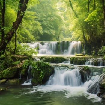 This image depicts a serene river flowing through a lush green forest, with a waterfall cascading in the background. It celebrates World Water Day and inspires people to take action in preserving our planet's water resources. Clean and accessible water is essential for life and is a human right. However, water scarcity, pollution, and climate change threaten the availability and quality of water resources around the world. This image serves as a reminder of the beauty and importance of water and encourages individuals and communities to take action in protecting and conserving this precious resource.
