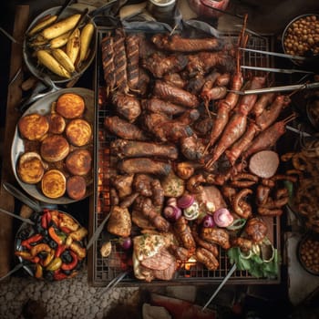 Indulge in the mouth-watering flavors and festive atmosphere of an Argentina Asado (barbecue) with this enticing overhead shot. The scene features a sizzling grill filled with a variety of meats, including beef, pork, and sausages, as well as grilled vegetables like peppers and onions. The meat is cooked to perfection, with a golden-brown crust and juicy pink interior, and is served on a wooden platter with chimichurri sauce on the side. In the background, there's a lively outdoor gathering of friends and family, with colorful decorations and music adding to the festive atmosphere. The soft, natural lighting with a diffuser highlights the textures and colors of the food, evoking feelings of warmth, togetherness, and celebration.