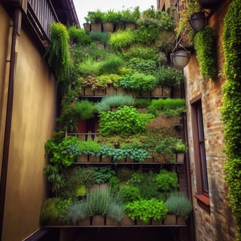 This image captures the sense of innovation and creativity that comes from growing a garden vertically up the side of a building on a bustling city street. The garden is filled with vibrant plants and flowers that thrive in the urban environment. The image conveys the sense of beauty and possibility that comes from seeing something unexpected and unconventional growing in the heart of the city.