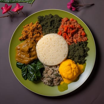 Savor the simple yet delicious flavors of Rwanda's Ugali with Isombe, a cornmeal porridge with cassava leaves. This image showcases the plate of Ugali with Isombe as the main focus, captured from a top-down perspective with a tight framing that highlights the variety of colorful ingredients and their vivid colors. The plate is placed on a traditional Rwandan plate or mat, evoking a sense of authenticity and cultural significance. Around the main dish, smaller bowls containing additional Rwandan dishes or condiments, such as beans or banana beer, add to the overall presentation. The lighting is natural and indirect, streaming in from one side, casting soft shadows that accentuate the textures and colors of the ingredients. The image evokes a sense of simplicity, comfort, and tradition, inviting the viewer to enjoy a humble and nourishing African meal. Emphasize the smooth and slightly grainy texture of the Ugali, as well as the flavors and aromas of the cassava leaves. Traditional Rwandan ingredients such as peanuts, chilies, and ginger add more visual interest and showcase the unique flavors of the dish.