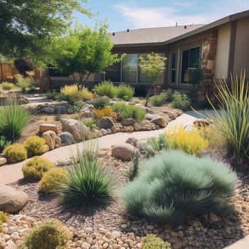 This image depicts a drought-resistant garden or landscape that doesn't require excessive watering. It encourages homeowners and businesses to adopt water-wise landscaping practices to reduce water consumption. Landscaping can be a significant source of water use, and traditional landscaping practices often require excessive watering and fertilization. However, by adopting water-wise landscaping practices, such as planting drought-resistant plants, using mulch, and minimizing turf grass areas, we can significantly reduce our water consumption while maintaining a beautiful and functional landscape. This image represents the potential for water-wise landscaping practices that conserve water and promote environmental sustainability.