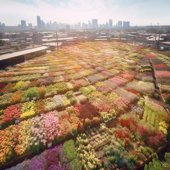 This image captures the beauty and vitality of urban gardening, showing a flower farm growing in the heart of the city, with rows of colorful flowers stretching out as far as the eye can see. The farm is a testament to the power of urban gardening to bring beauty and joy to people in even the most unlikely places, and the image conveys the sense of abundance and vitality that comes from growing plants in an urban environment.