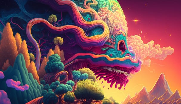 Psychedelic hallucinations. Vibrant illustration. Surreal images. Template for cards, stickers, baners, posters, web social media print