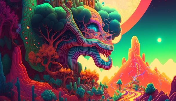 Psychedelic hallucinations. Vibrant illustration. Surreal images. Template for cards, stickers, baners, posters, web social media print