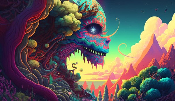 Psychedelic hallucinations. Vibrant illustration. Surreal images. Template for cards, stickers, baners, posters, web social media print