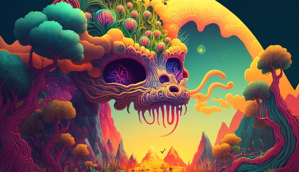 Psychedelic hallucinations. Vibrant illustration. Surreal images. Template for cards, stickers, baners, posters, web social media print