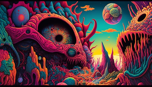 Psychedelic hallucinations. Vibrant illustration. Surreal images. Template for cards, stickers, baners, posters, web social media print