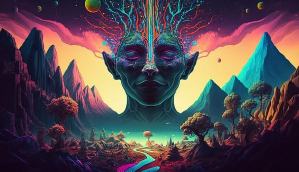 Psychedelic hallucinations. Vibrant illustration. Surreal images. Template for cards, stickers, baners, posters, web social media print