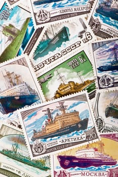 USSR - CIRCA 1978: postage stamp shows Russian icebreakers, circa 1977, approached the nuclear Arctic ice breaker