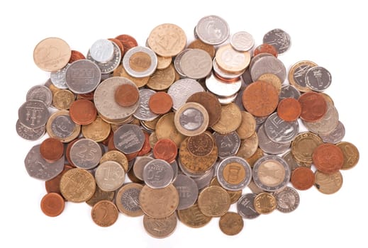 Coins of different countries on white background