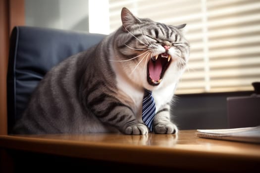 cat wearing a tie at a desk