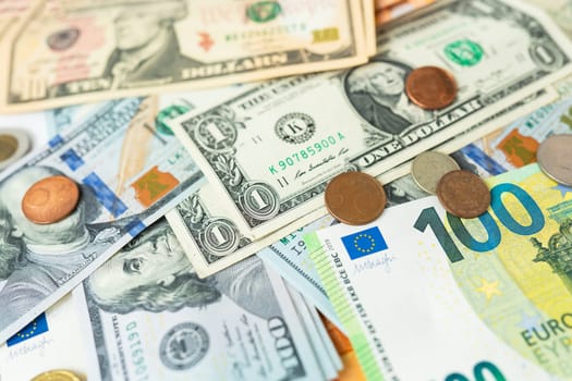 Multicurrency banknotes, coins. The concept of the world economy during the crisis. Money rules in world events, the stock exchange and the trade link between countries