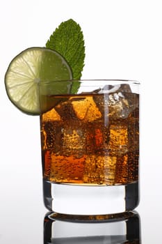 Cocktail cola with whiskey in a glass print for skinned kitchen background interior bar products home furnishings trendy design black gray gradient sliced fruits and ice printing.